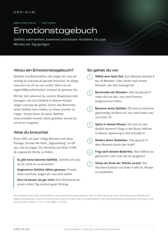 Emotionstagebuch, Seite 1: Anleitung