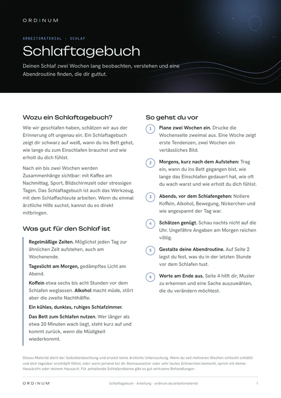 Schlaftagebuch, Seite 1: Anleitung