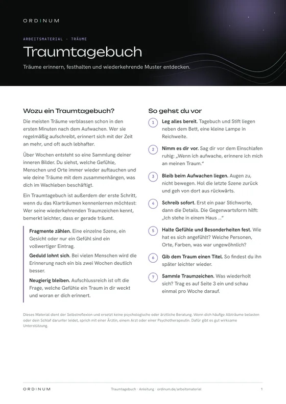 Traumtagebuch, Seite 1: Anleitung